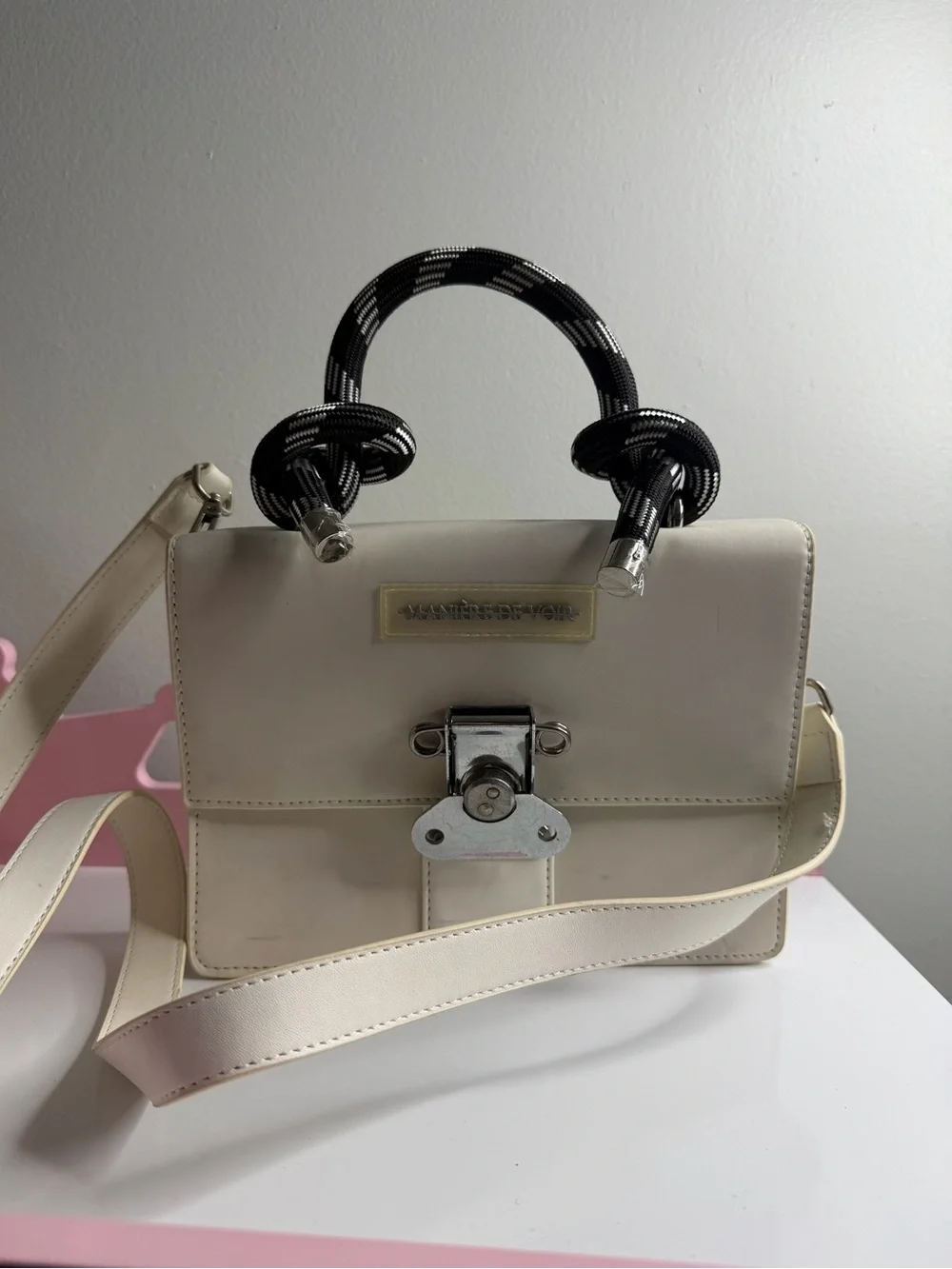 Maniere De Voir Cream Crossbody Satchel with Black Rope Top Handle